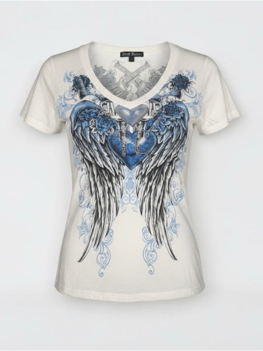 Brad Butter White V-Neck Tee with Blue and Gray Winged Heart Graphic